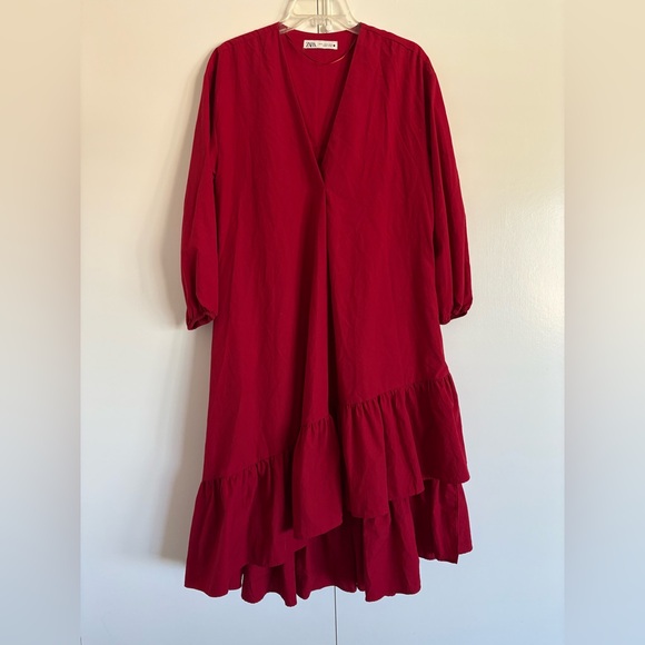 ZARA RED Ruffled POPLIN MIDI DRESS. SIZE MEDIUM - Picture 2 of 6